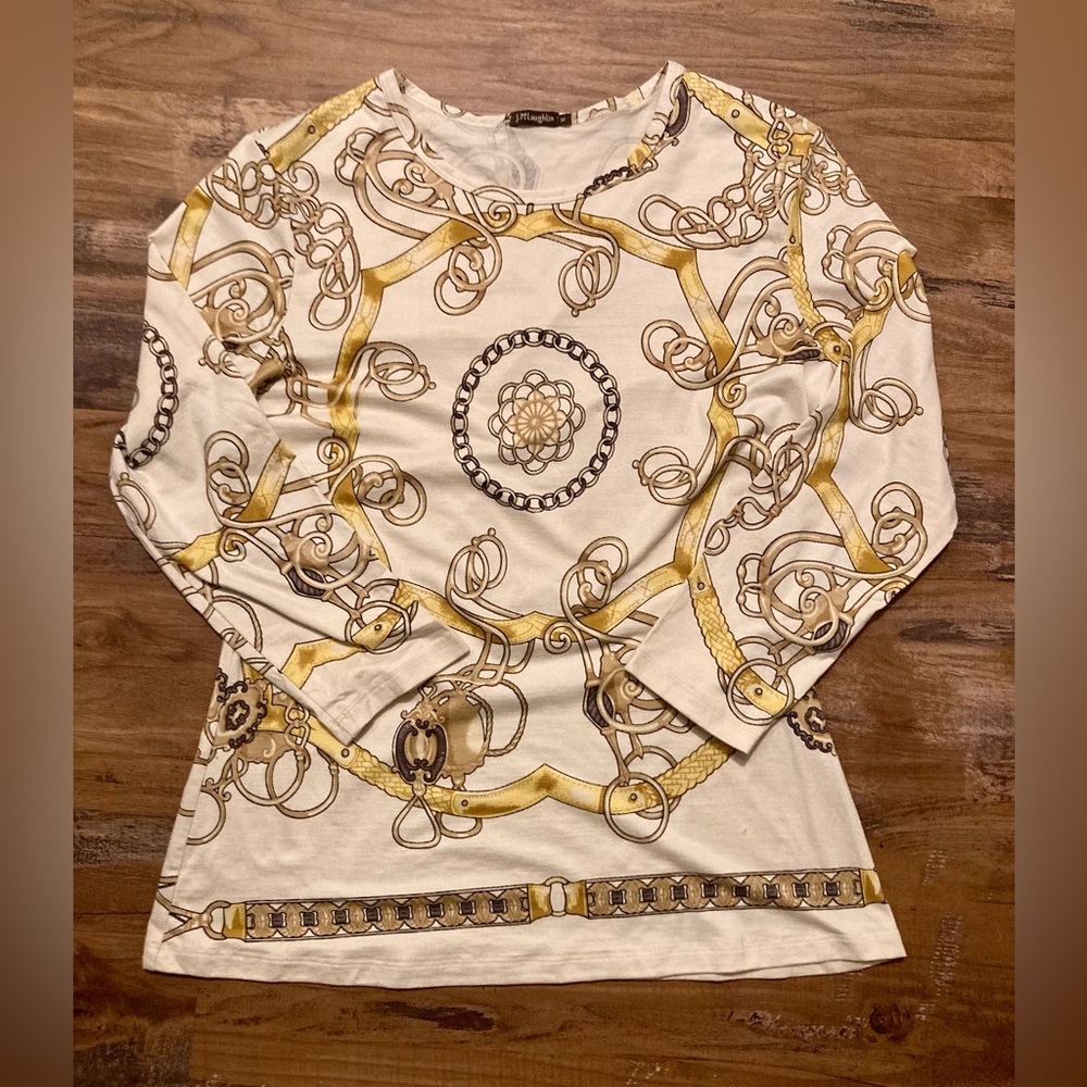 J. McLaughlin Cream & Gold SILK 3/4 Sleeve Chain & Medallion Equestrian Top - Picture 8 of 11